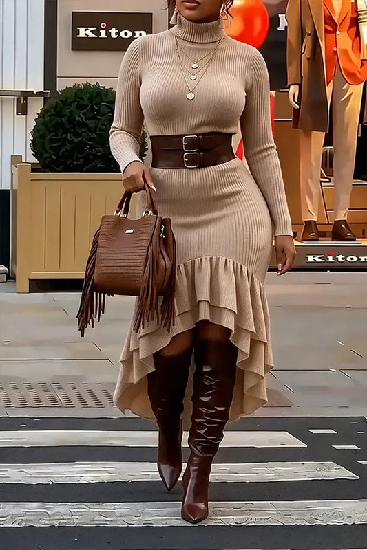 Beige Ribbed Turtleneck High-Low Ruffle Dress