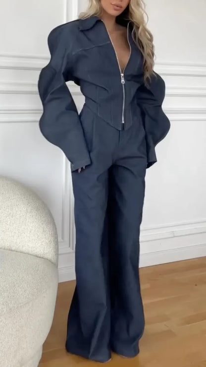 Charcoal Sculpted-Sleeve Zip Jacket & Flared Pants Set