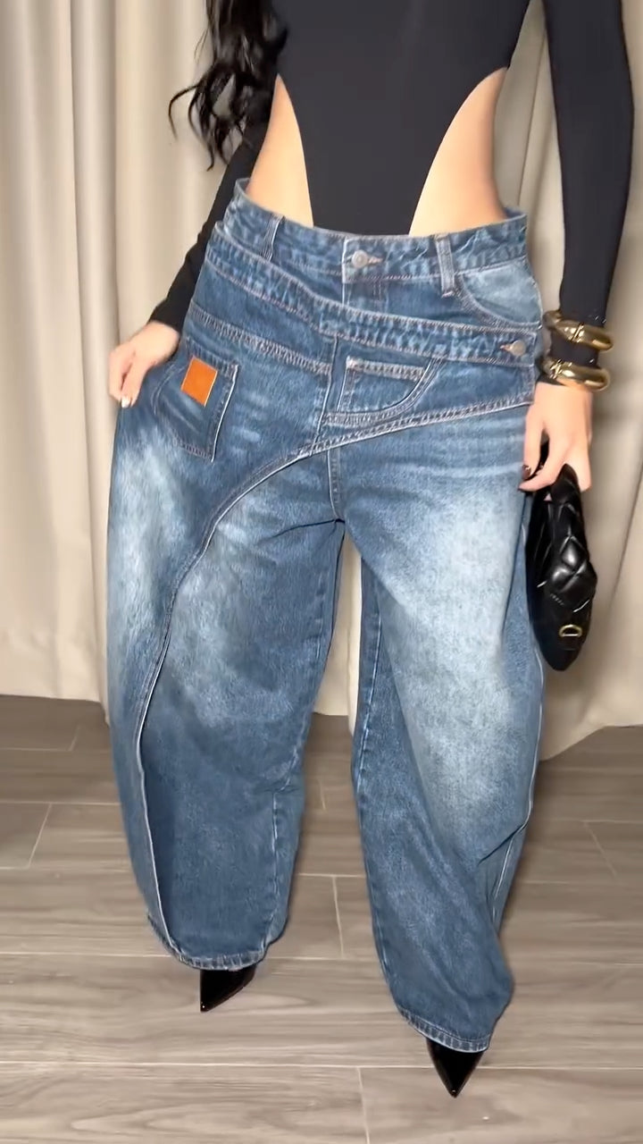 Blue Double-Waist Asymmetric-Panel Barrel Jeans