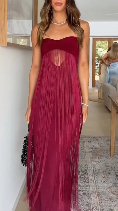 Burgundy Strapless Long-Fringe Maxi Dress