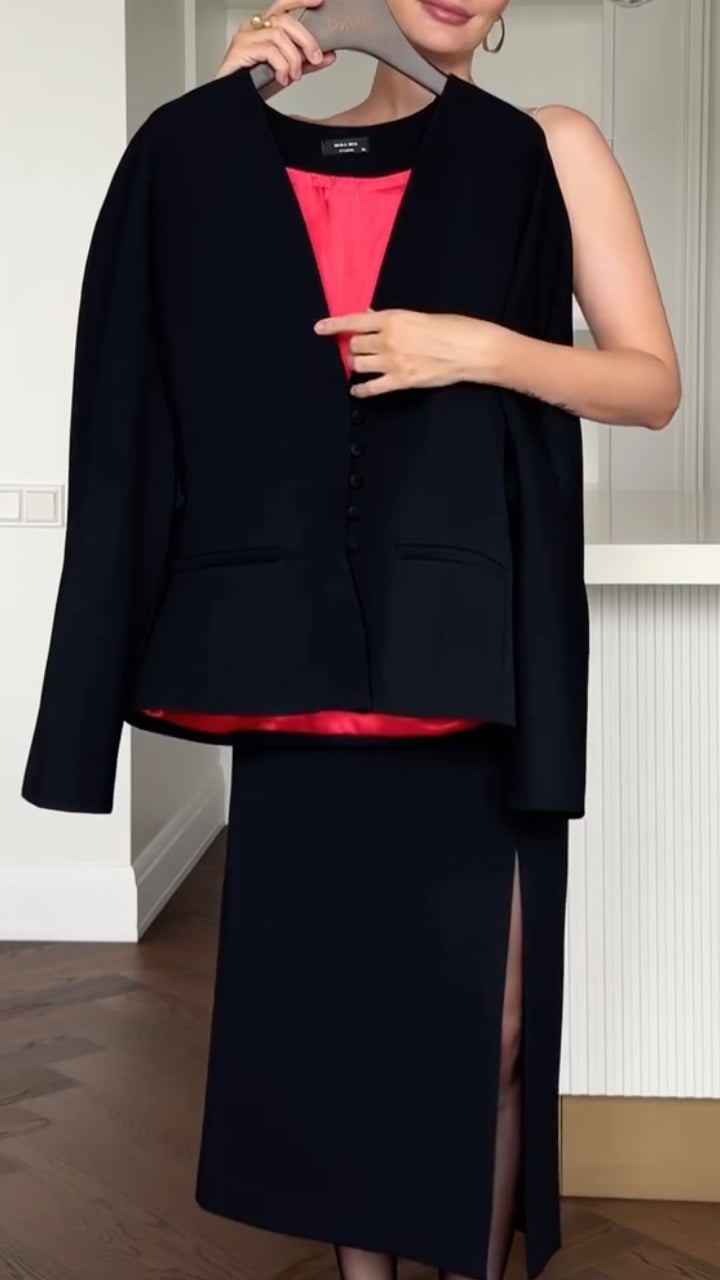 Black Contrast-Red Cuff Top and Slit Midi Skirt Set