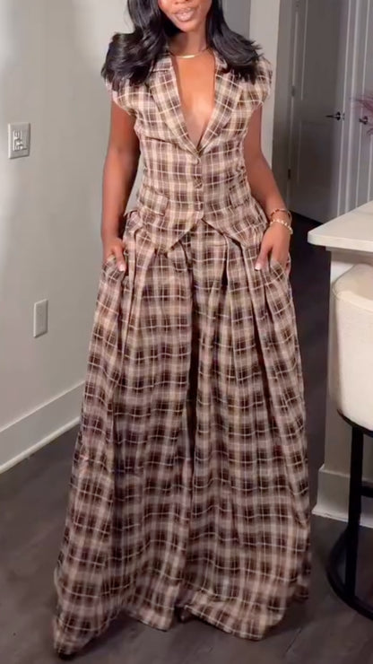 Brown Plaid Tailored Vest & Wide-Leg Pants Set