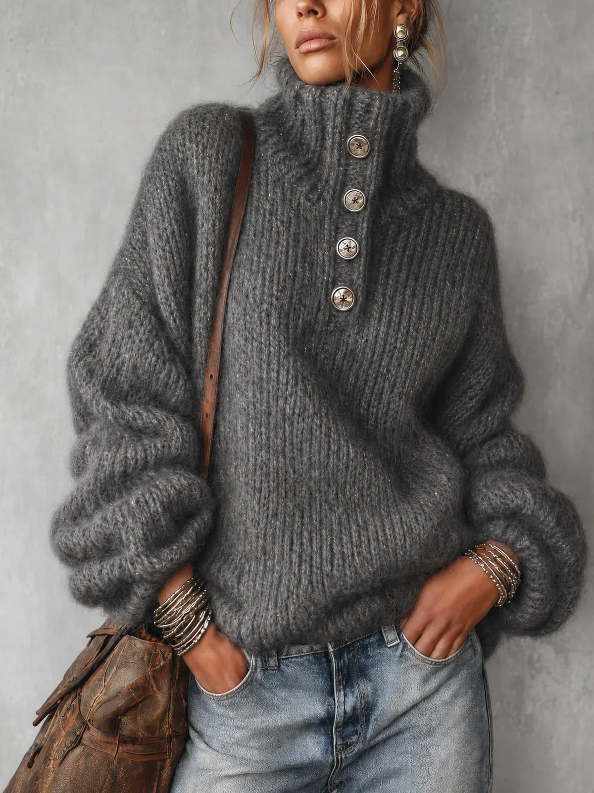 Button-Neck Chunky Knit Sweater