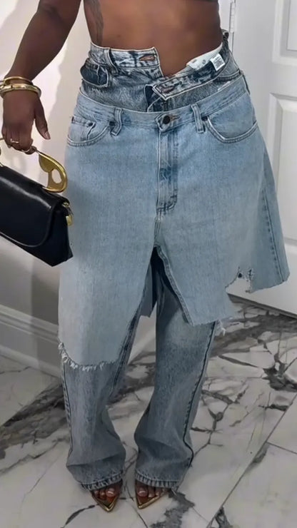 Blue Double-Waist Skirt-Overlay Jeans