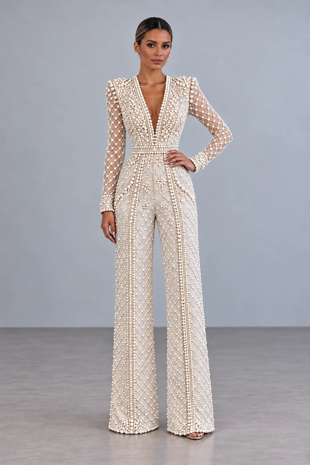 Ivory Pearl-Lattice Deep-V Wide-Leg Jumpsuit