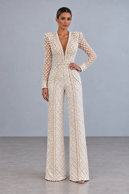 Ivory Pearl-Lattice Deep-V Wide-Leg Jumpsuit