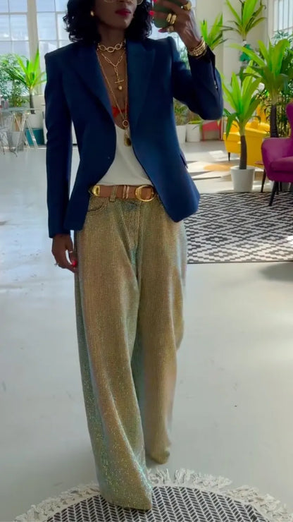 Gold Shimmer High-Waisted Wide-Leg Pants