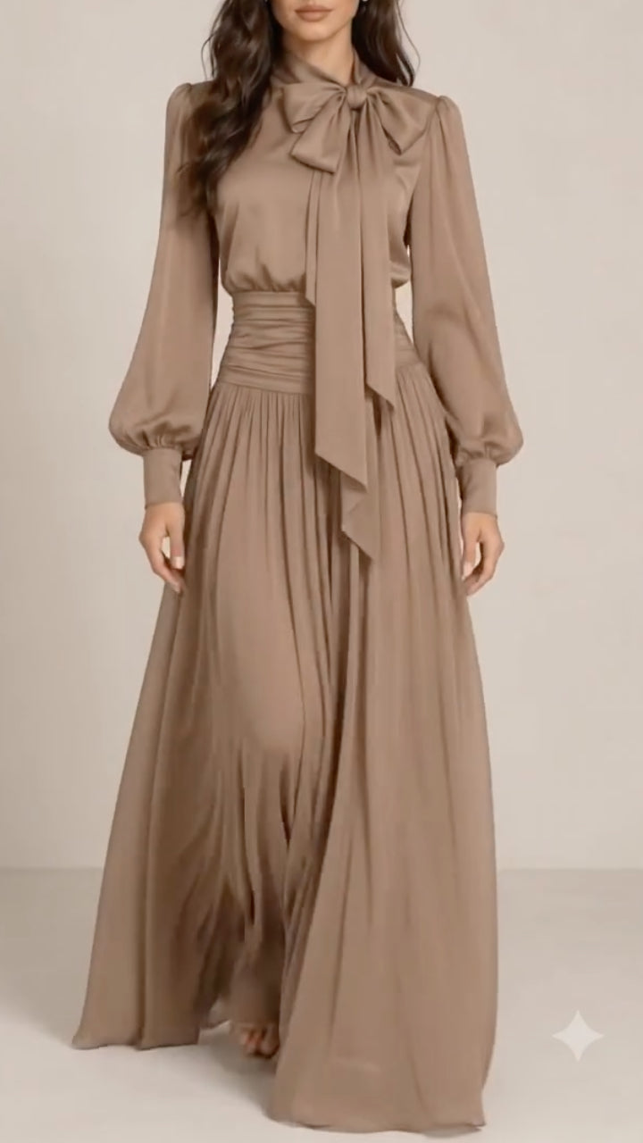 Taupe Bow-Neck Ruched-Waist Dress