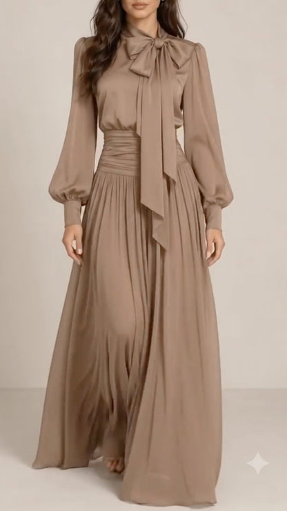 Taupe Bow-Neck Ruched-Waist Dress