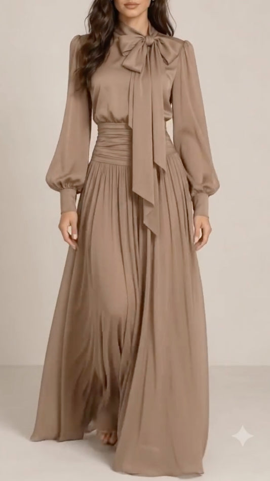 Taupe Bow-Neck Ruched-Waist Dress