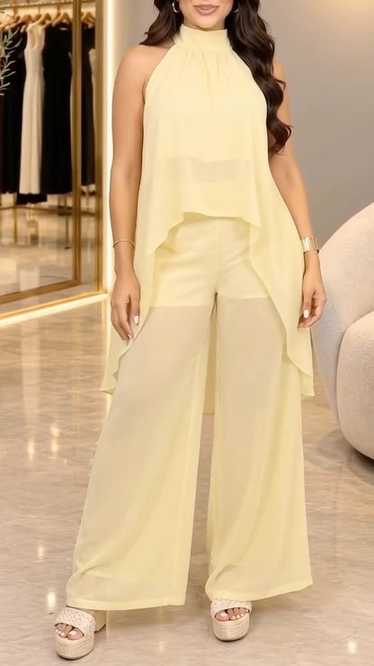 White Halter High-Low Tunic and Sheer Wide-Leg Pants Set