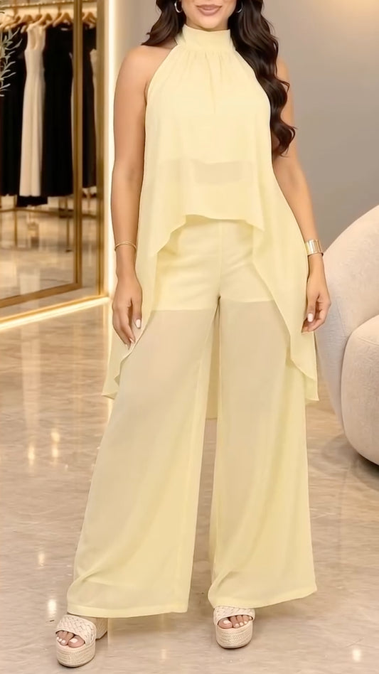 White Halter High-Low Tunic and Sheer Wide-Leg Pants Set