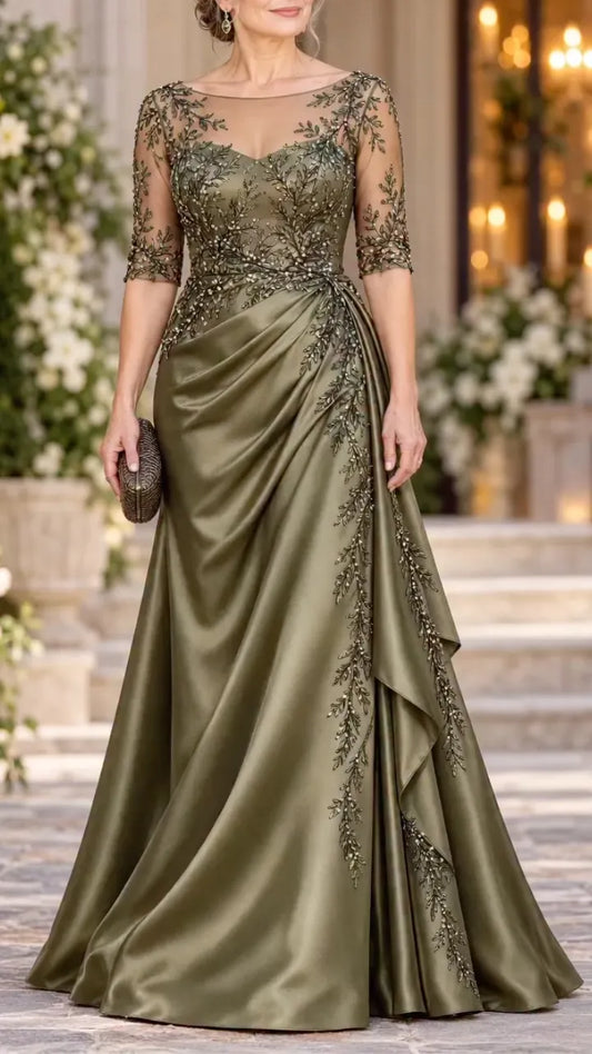 Olive Botanical-Embellished Draped Evening Gown