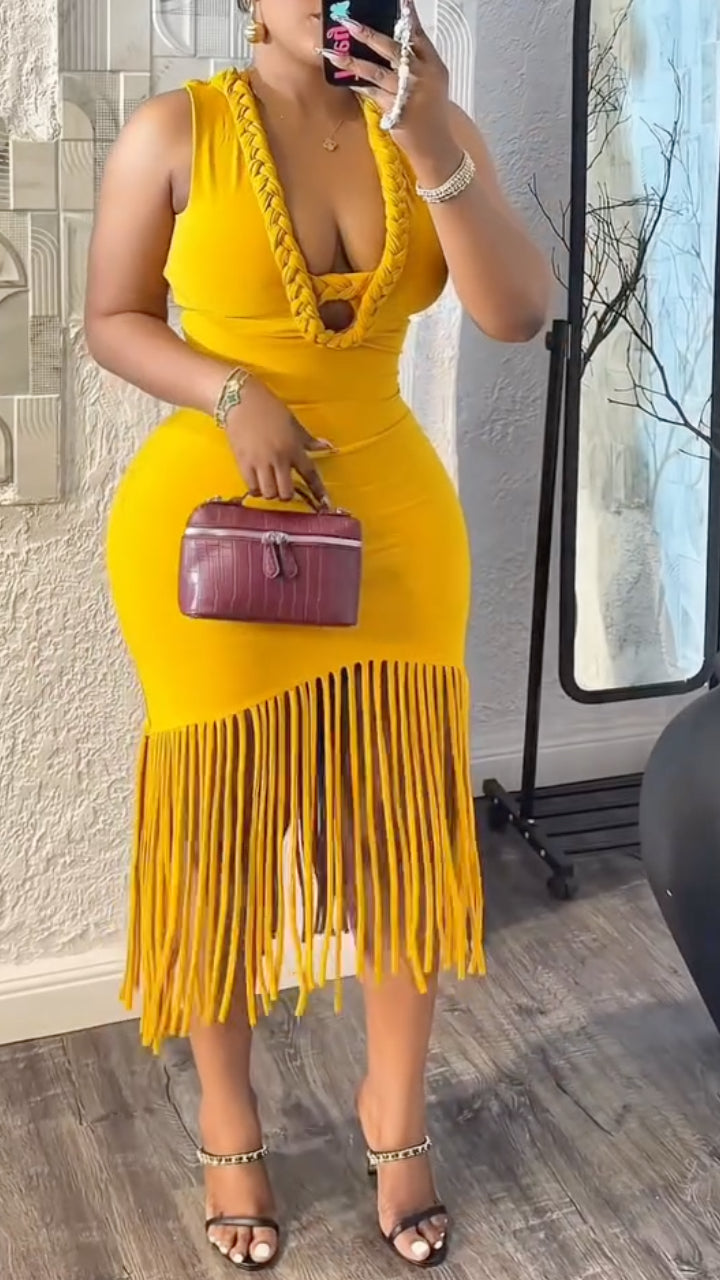 Mustard Braided-Neck Fringe-Hem Bodycon Dress
