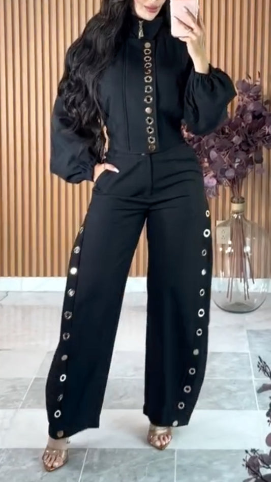 Black Metal-Ring Button Top and Eyelet Wide-Leg Pants Set