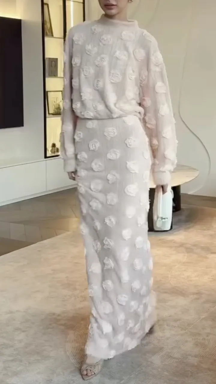 Ivory Raised-Rosette Top and Maxi Skirt Set