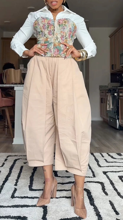 White Shirt-Style Floral Corset Top