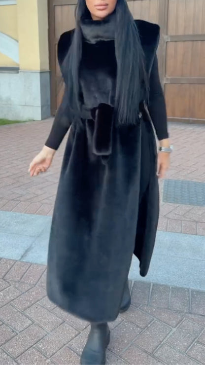 Black Plush-Look High-Neck Belted Long Vest