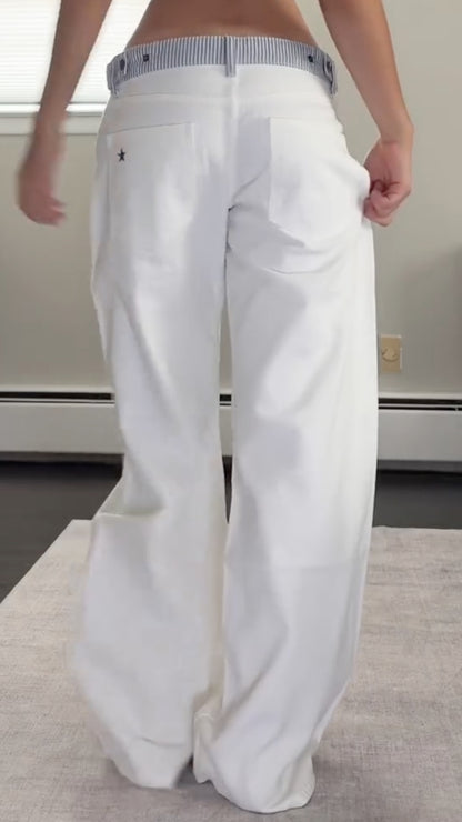 White Striped-Waist Wide-Leg Pants