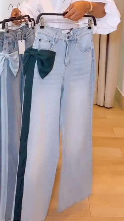 Light-Blue White-Stripe Bow-Detail Wide-Leg Jeans