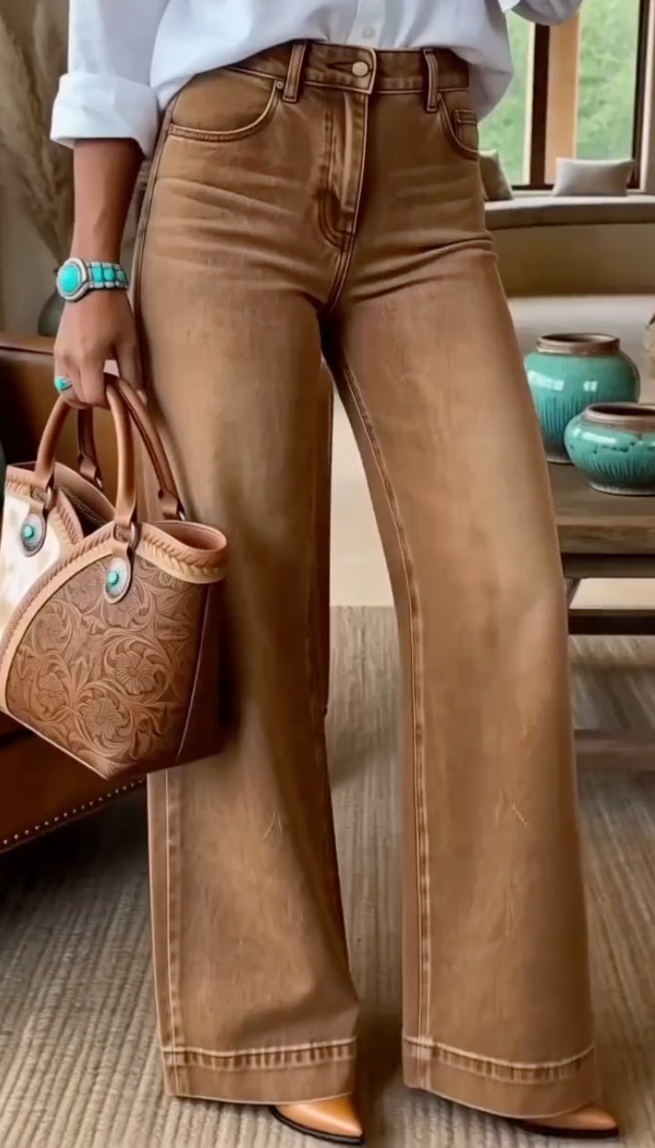 Caramel Washed Wide-Leg Jeans