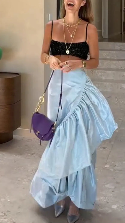 Ice Blue Asymmetric Ruffle Maxi Skirt