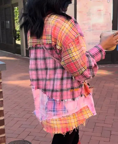 Pink Plaid Raw-Hem Longline Shirt Jacket