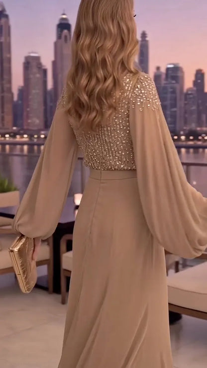 Mocha Embellished-Bodice Cape-Sleeve Mermaid Gown