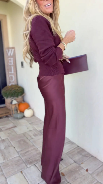 Burgundy Metal-Clasp Keyhole Knit Sweater