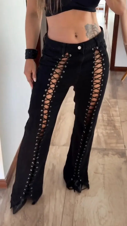 Black Eyelet Lace-Up Cutout Flared Pants