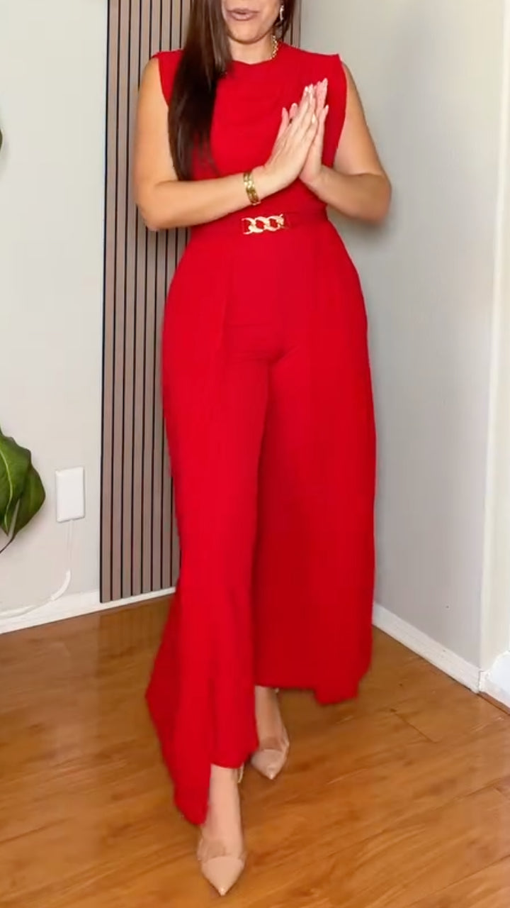 Red Sleeveless Gold-Accent Wide-Leg Jumpsuit