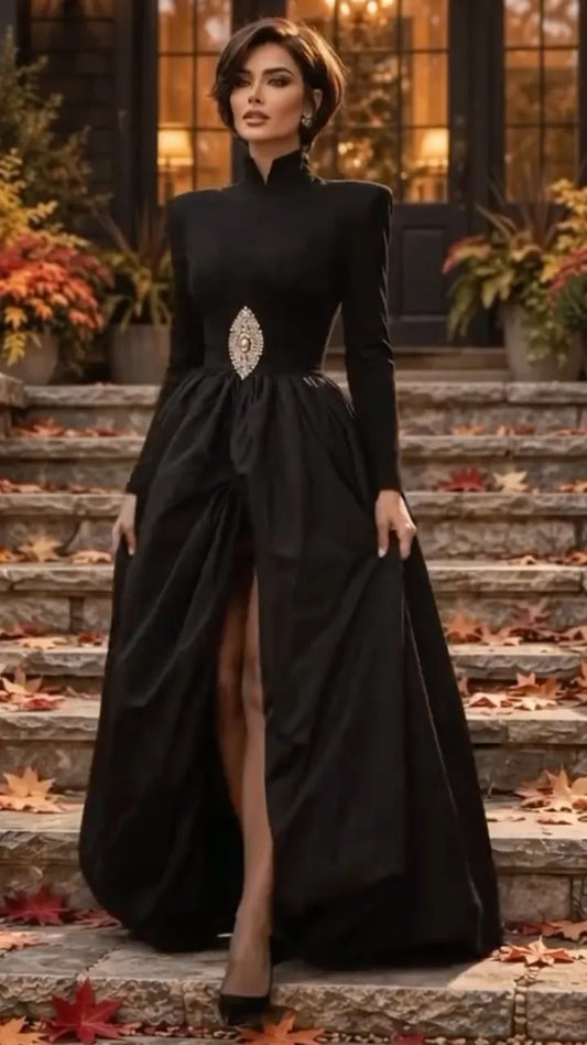 Black Stand-Collar Jewel-Accent High-Slit Evening Gown
