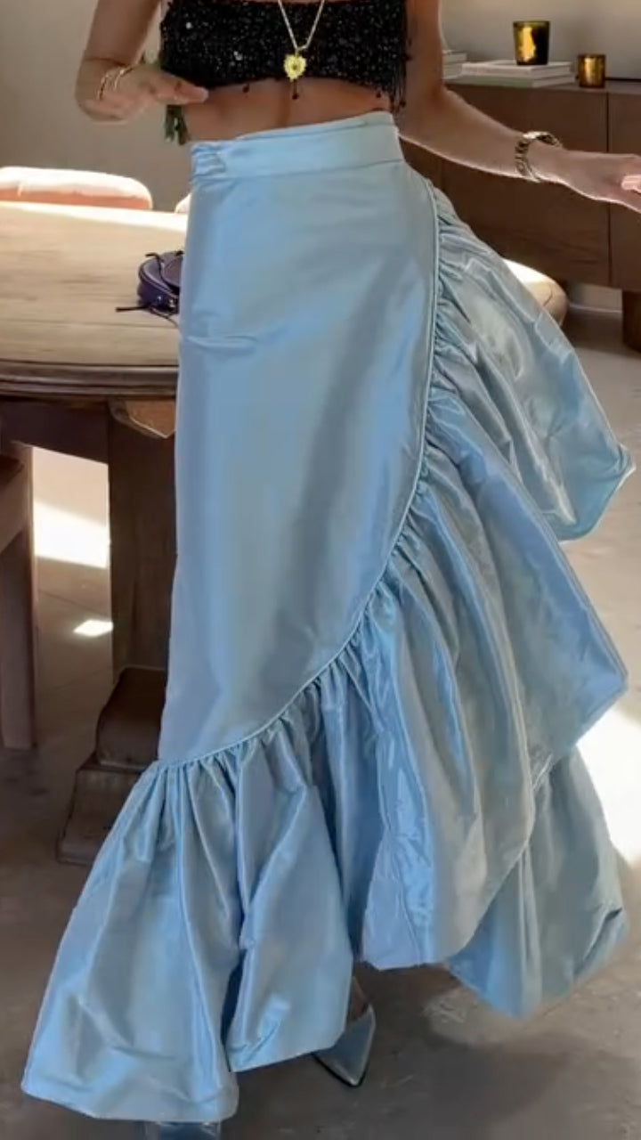 Ice Blue Asymmetric Ruffle Maxi Skirt