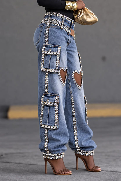 Crystal Heart-Cutout Layered-Waist Cargo Jeans