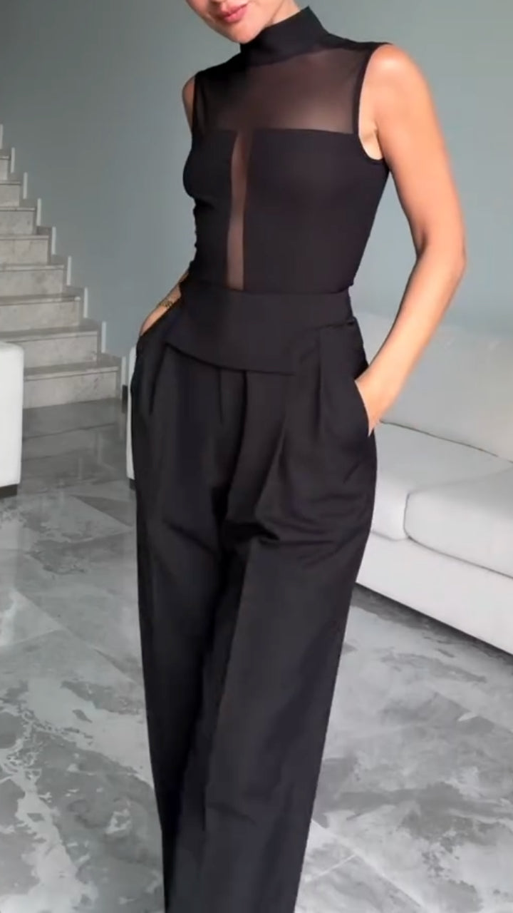 Sheer-Panel Top & Tailored Wide-Leg Pants Set