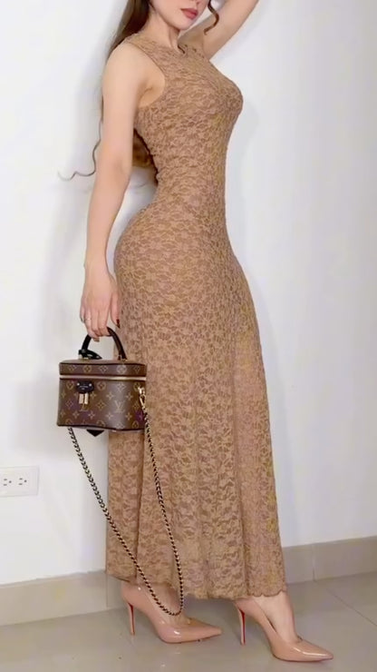 Camel Sleeveless Floral-Lace Maxi Dress