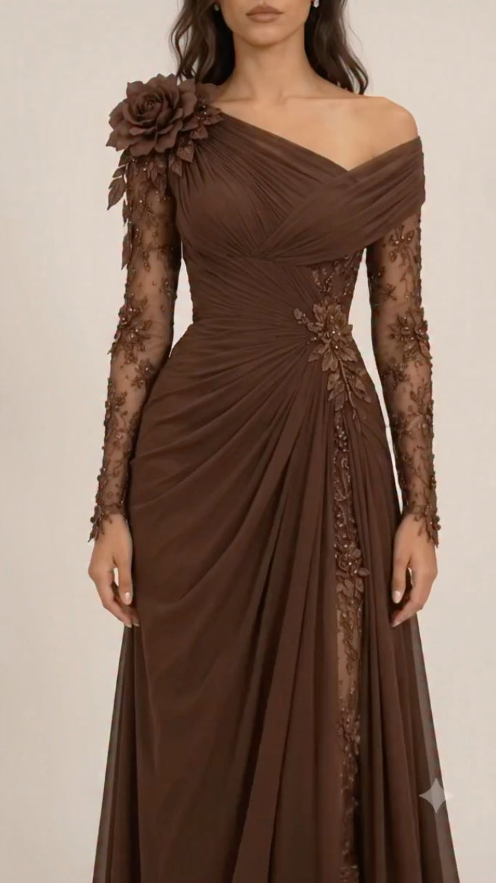 Chocolate Floral-Applique Draped Evening Gown