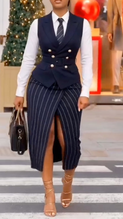 Navy Double-Breasted Vest and Pinstripe Slit Skirt Set