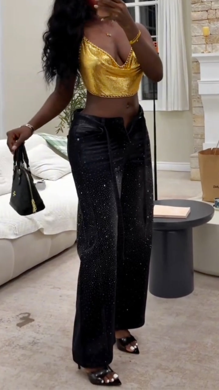 Rhinestone Embellished Wide-Leg Jeans