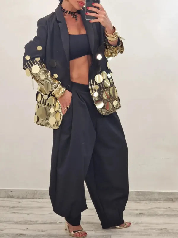 Black Gold-Disc Sequin Statement Blazer
