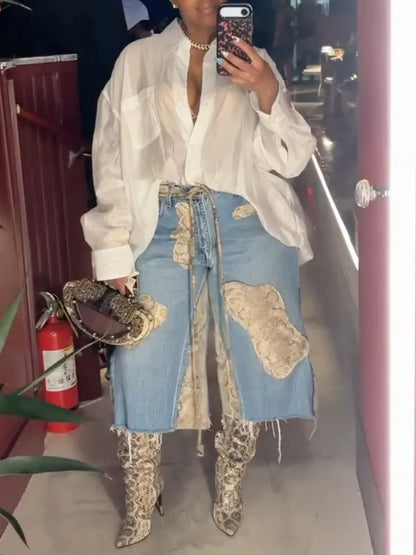 Blue Snake-Print Patchwork Denim Midi Pants