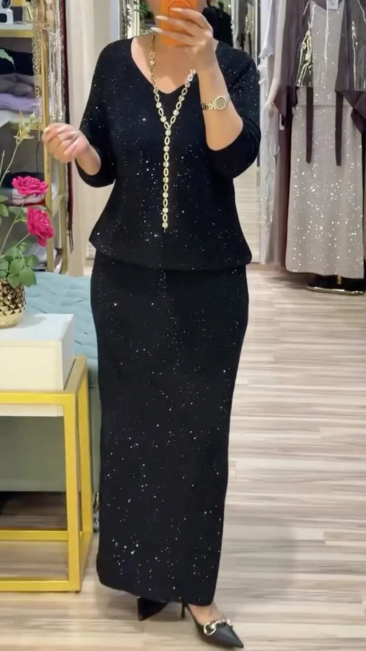 Black Shimmer V-Neck Top & Maxi Skirt Set