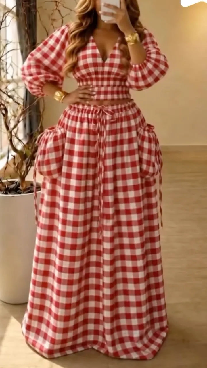 Black-and-White Plaid Puff-Sleeve Crop Top & Wide-Leg Pants Set