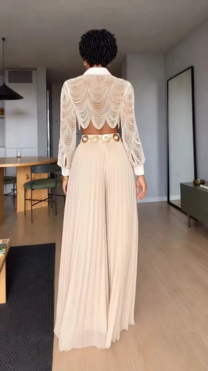 Ivory Ornate Lace Blouse & Pleated Maxi Skirt Set