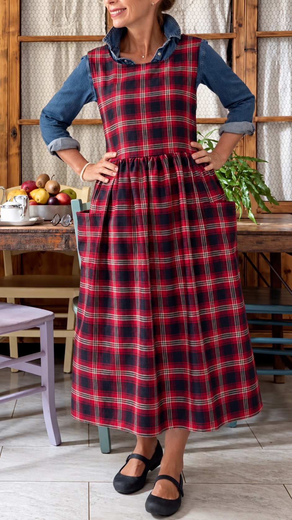 Red Plaid Pocketed Pinafore Midi Dress