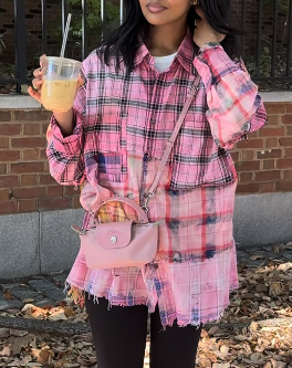 Pink Plaid Raw-Hem Longline Shirt Jacket