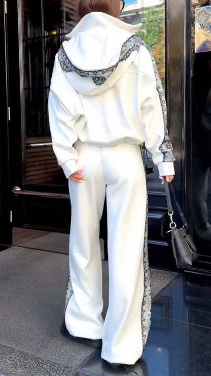 White Floral-Lace Stripe Zip Jacket & Wide-Leg Pants Set