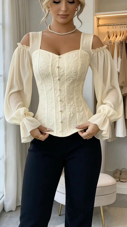 White Floral Corset-Style Cold-Shoulder Blouse