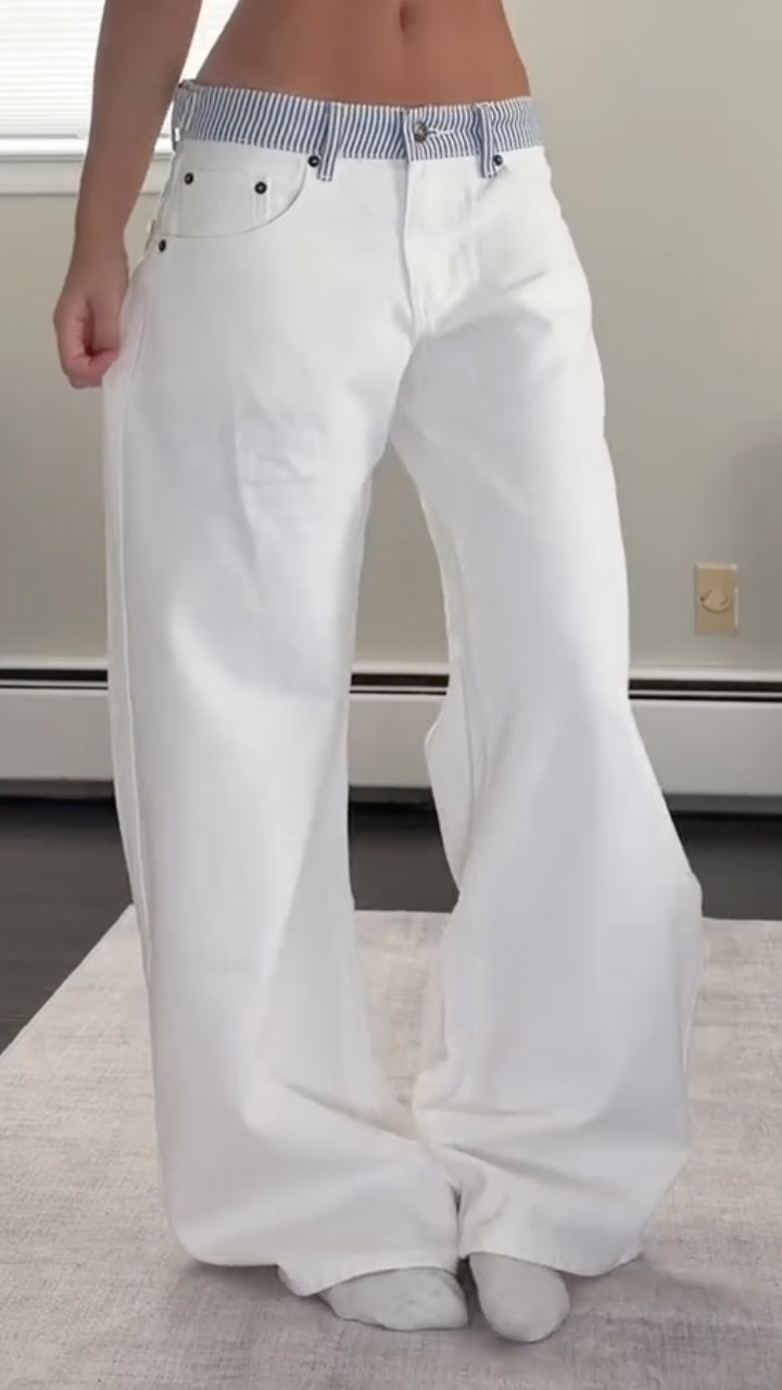 White Striped-Waist Wide-Leg Pants