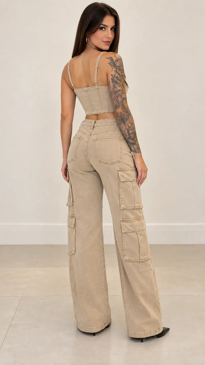 Conjunto de Top Corset Jeans e Calça Cargo Wide-Leg